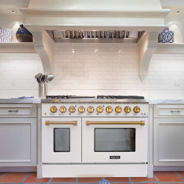 48in. 8 Burners Freestanding Gas Range in White and Gold with Convection Fan Cast Iron Grates and Black Enamel Top