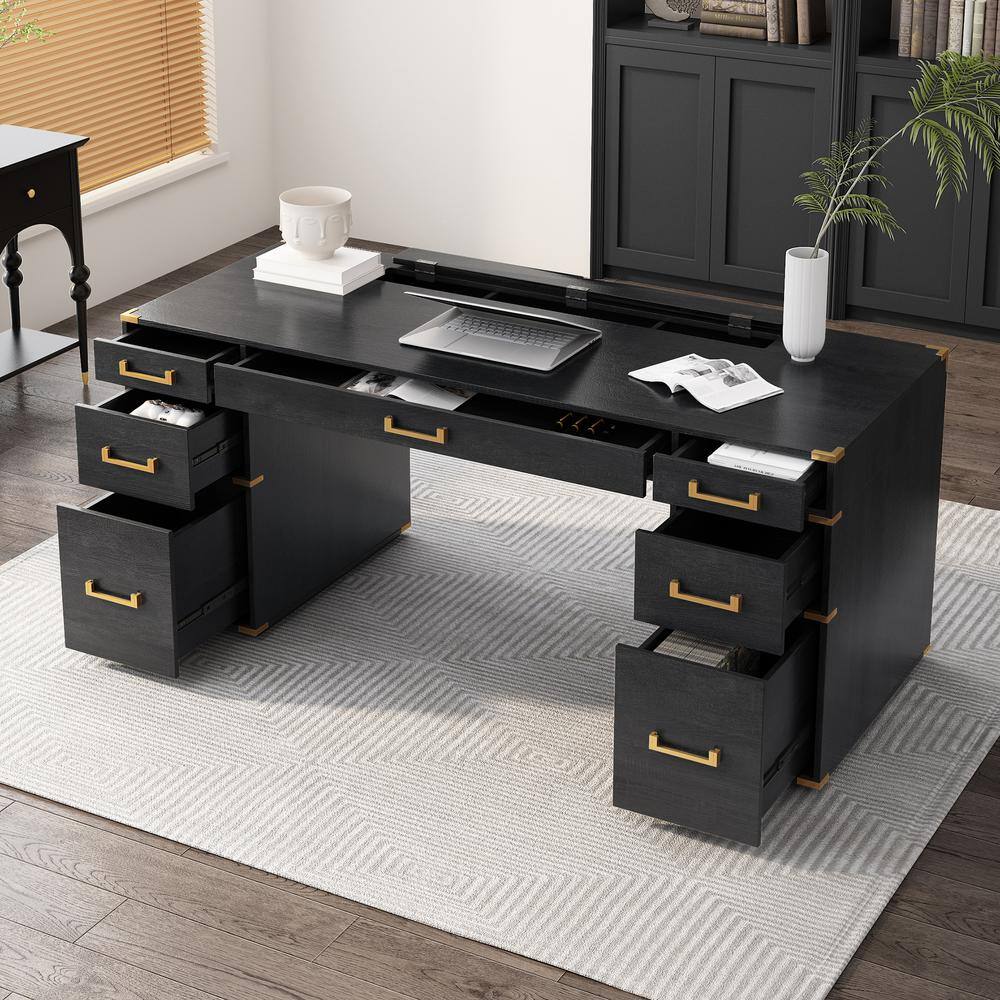28 in. Rectangular Black MDF 7-Drawer Executive Writing Desk with Metal Edg