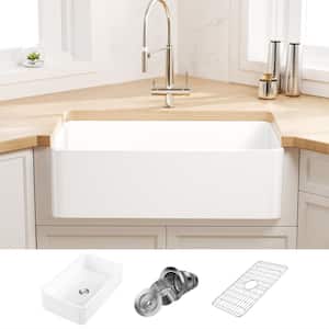 Denbigh 33 in. x 20 in. Farmhouse Apron Single Bowl Kitchen Sink in White Fireclay with Bottom Grid and Basket Strainer