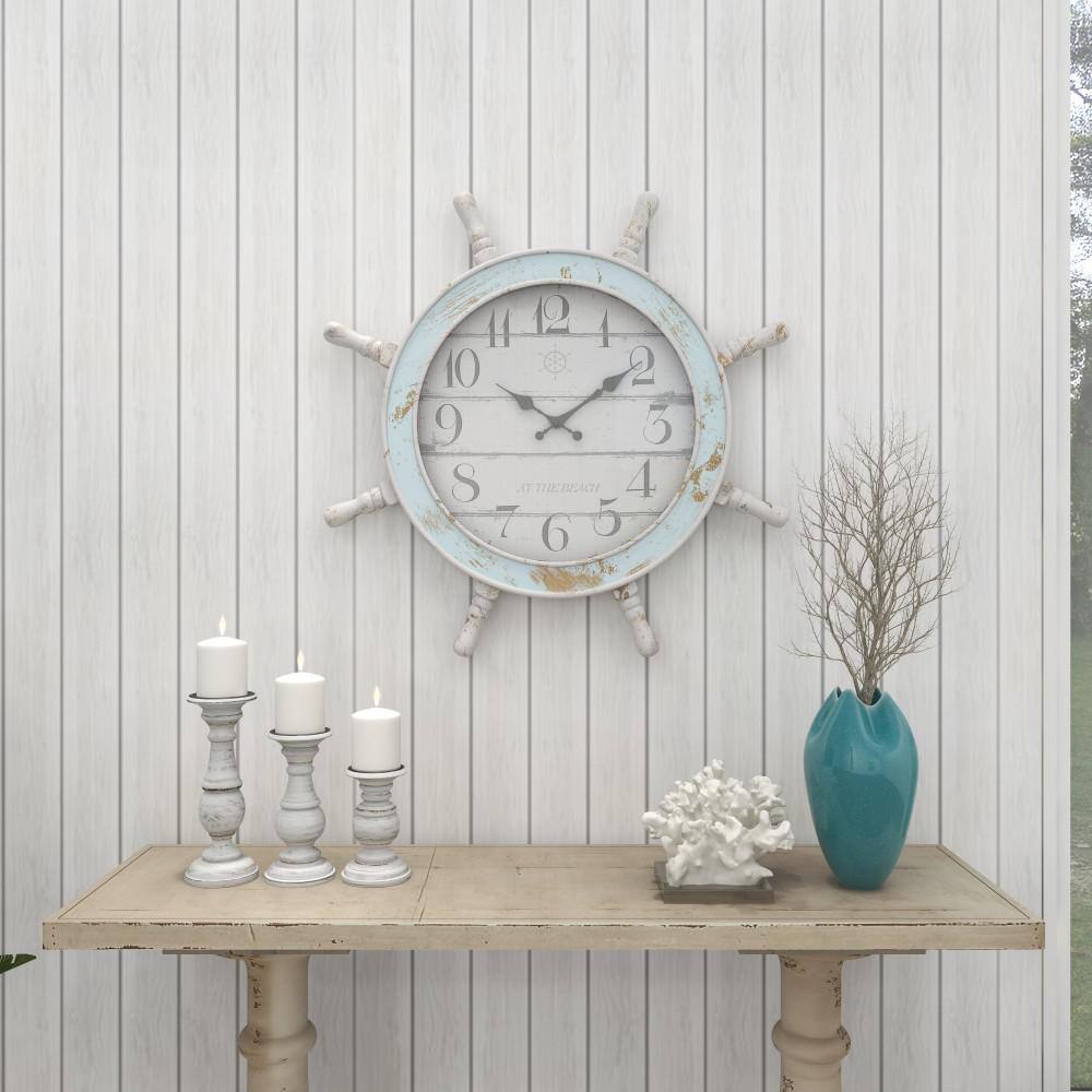Blue and White Ship Wheel Nautical Wall Clock, 28"
