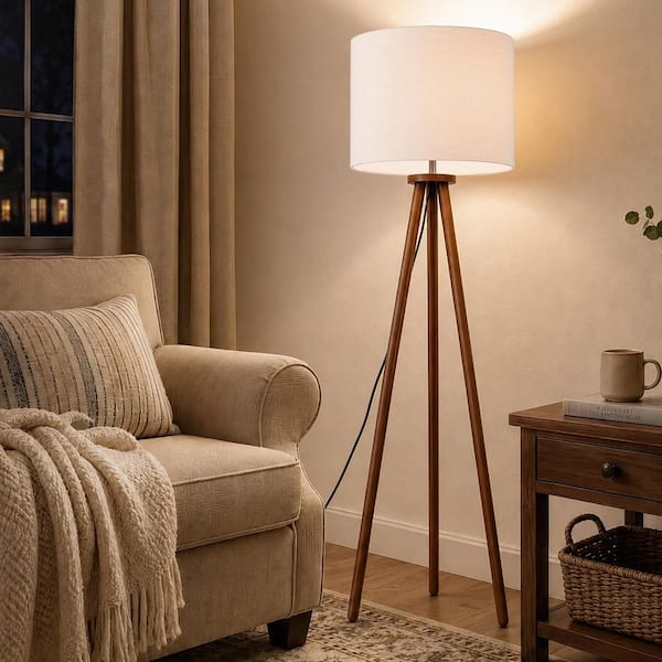 Keazile 60.6 in. Cream Linen Shade Tripod Floor Lamp with Solid