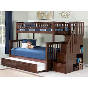 Columbia Staircase Bunk Bed Twin over Full with Twin Size Raised Panel Trundle Bed in Walnut