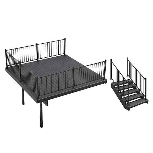 FORTRESS Infinity Attached 12 ft. x 12 ft. Cape Town Gray Composite Deck and 5-Step Stair Kit with Steel Framing and Railing
