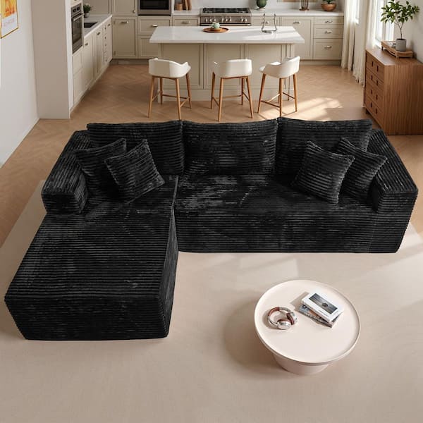DIMO 108 in. Wide Arm 2-Piece Modern Plush Corduroy L-Shape Modular Sectional Sofa in. Black with Left Chaise