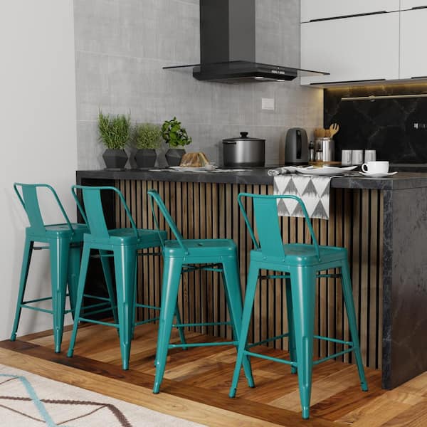 Rayne Industrial Metal 24 in. Metal Counter Height Stool (Set of 4) in Teal Blue