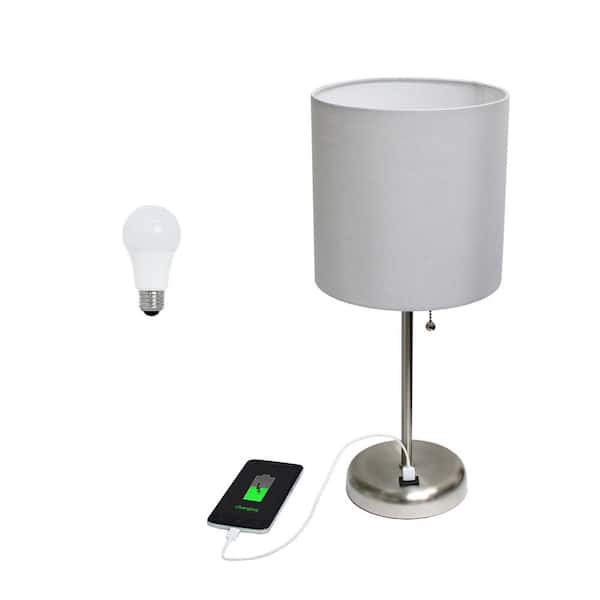 Creekwood home 19.5 in. Contemporary Bedside USB Port Base Standard Metal Table Desk Lamp in Brushed Steel, Gray Shade, with LED Bulb