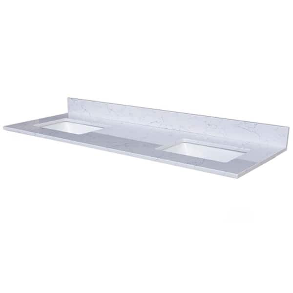 FUNKOL 61 in. W x 22 in. D Stone Vanity Top in White with White Rectangular Double Sinks (Set)