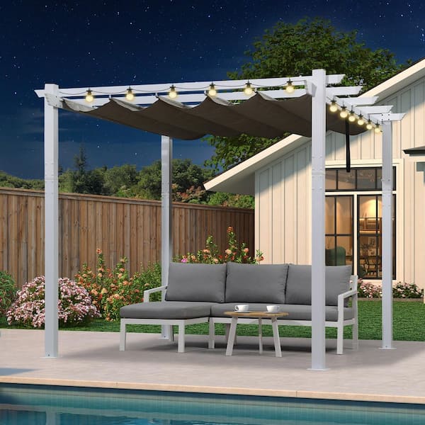 PURPLE LEAF 10 ft. x 10 ft. White Aluminum Frame Morden Pergola with Gray Retractable Sun Shade Canopy and String Lights