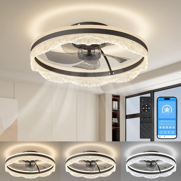 Virella 20 in. LED Indoor Black Bladeless Flush Mount Low Profile Ceiling Fan with Dimmable, 3-CCT, DC Motor, Remote