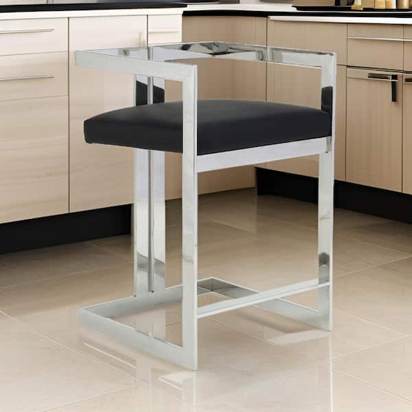 Benjara 25.5 in. Black and Silver Low Back Metal Frame Bar Stool with Faux Leather Seat