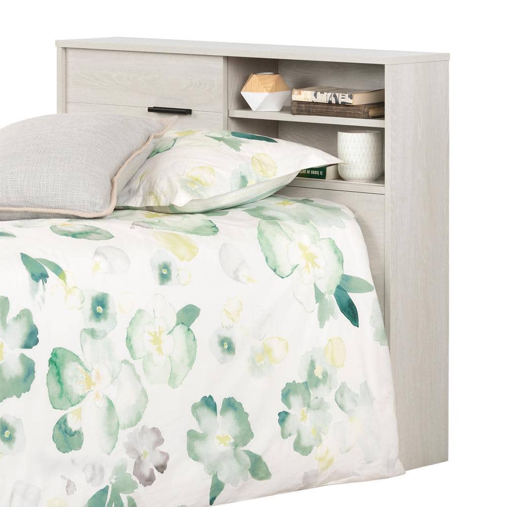 Winter Oak Twin Bookcase Headboard with Sliding Storage