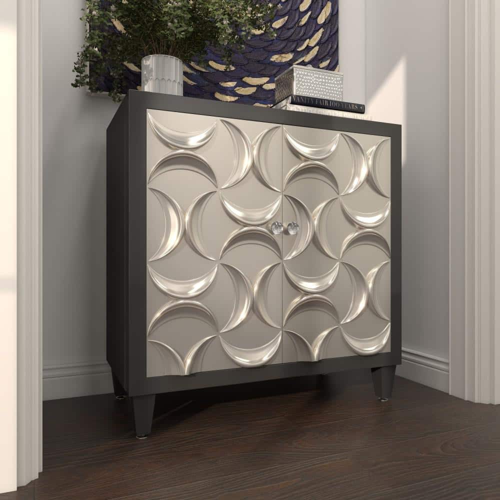 Black and Silver Crescent Moon Relief 2-Door Office Cabinet