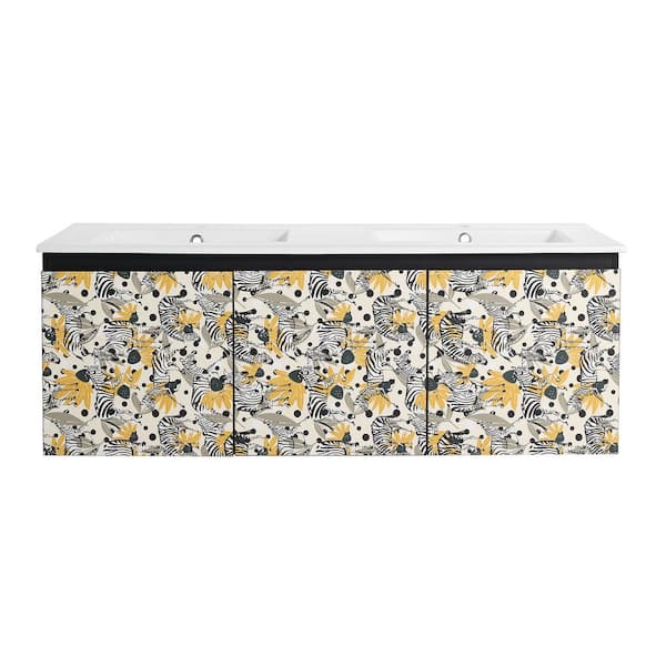 18 in. W x 17 in. H x 48 in. D Black Floating Wall-Mounted Bath Vanity in Zebra Print with 2 Sinks White Ceramic Top