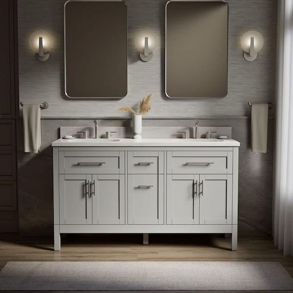 Hadron 61 in. Double Sink Freestanding Atmos Grey Bath Vanity with White Quartz Top Assembled
