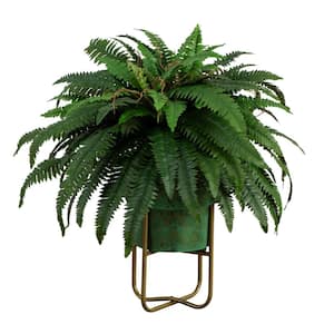 31 in. Artificial Green Boston Fern in Patina Metal Planter with Stand