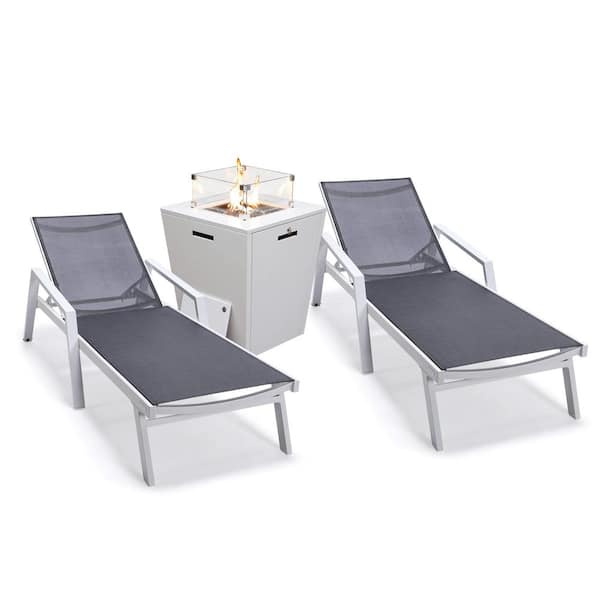 Leisuremod Marlin Modern White Aluminum Outdoor Chaise Lounge Chair With Arms Set of 2 and Fire Pit Table, Black