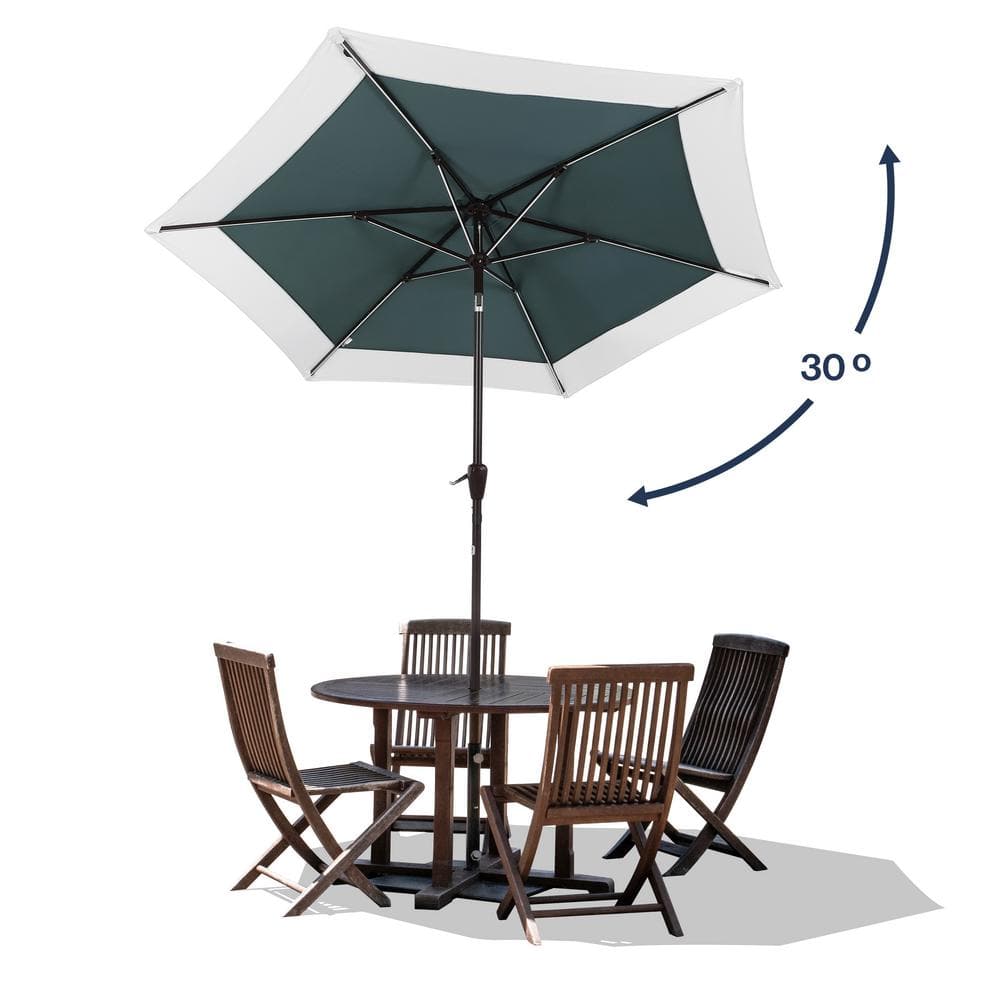 Spencer 9 ft. Green and White Aluminum Coastal Patio Umbrella with LED Lights