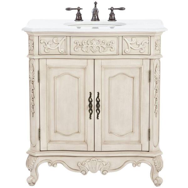 Home Decorators Collection Winslow 33 in. W Bath Vanity in Antique White with Marble Vanity Top in White
