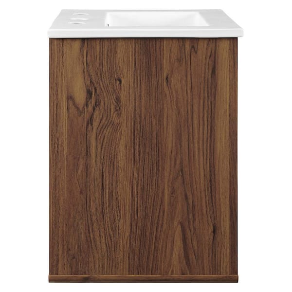 Transmit 18 in. W x 17.5 D x 25.5 H Wall-Mount Bathroom Vanity in Walnut with White Ceramic Top