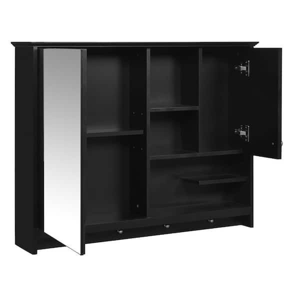 36 in. W x 28 in. H Rectangular MDF Surface Mount Medicine Cabinet with Mirror in Black with Adjustabl Shelf