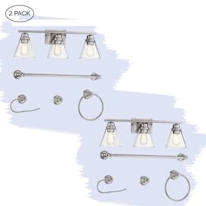25.98 in. 3-Light Vanity Light with Brushed Nickel and Clear Glass Shade and Bath Set (2-Pack)