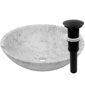 Carrara White Marble Round Vessel Sink with Drain in Matte Black