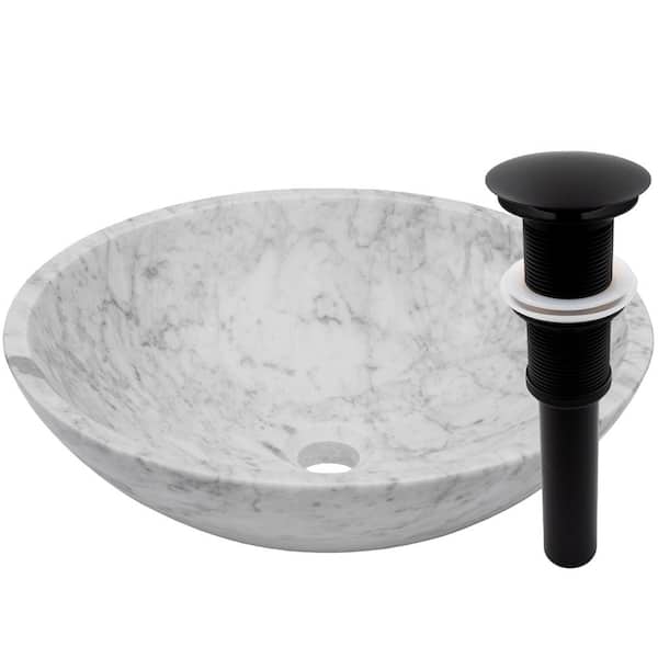 Novatto Carrara White Marble Round Vessel Sink with Drain in Matte Black