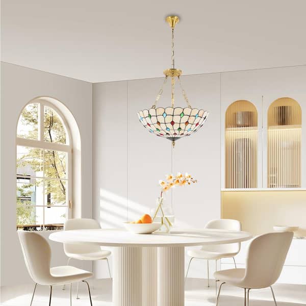 OUKANING 20.5 in. 5-Light Retro Stained Glass Shade Semi-Flush