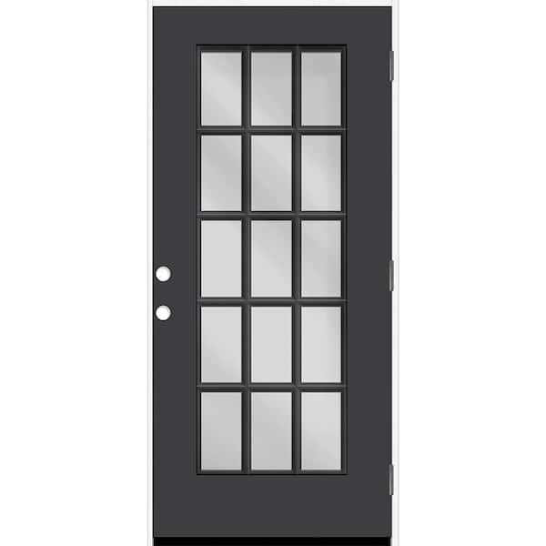 Reliant 32 in. x 80 in. Full Lite 15L SDL Clear Glass LHOS Black Finish Fiberglass Prehung Front Door w/6-9/16 Jamb