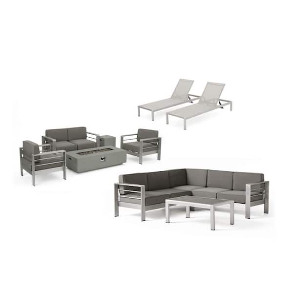 Noble House Valentina 10-Piece Aluminum Patio Fire Pit Conversation Set with Khaki Cushions and Sectional and Lounges