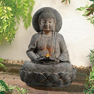 28.35 in. Buddha Water Fountain with LED Lights, Rustic Gray