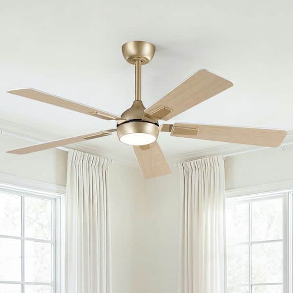 52 in. Indoor Gold Downrod Mount Standard Ceiling Fan with Integrated LED, Remote, and 5 Reversible Blades
