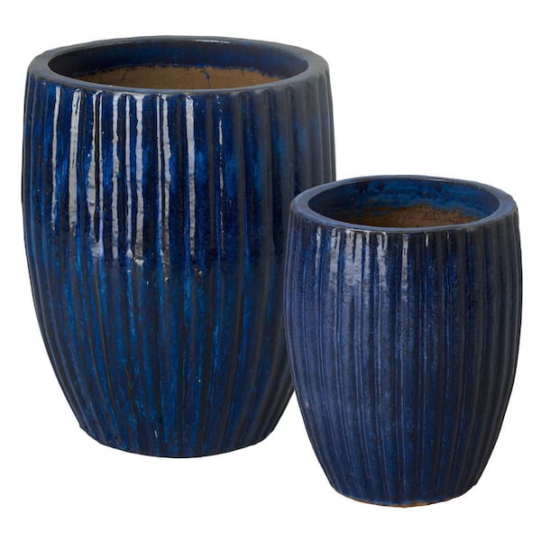 Ridges 20in., 25in. H Blue Ceramic Round Planters High-fire treatment with Drainage Hole (Set of 2)