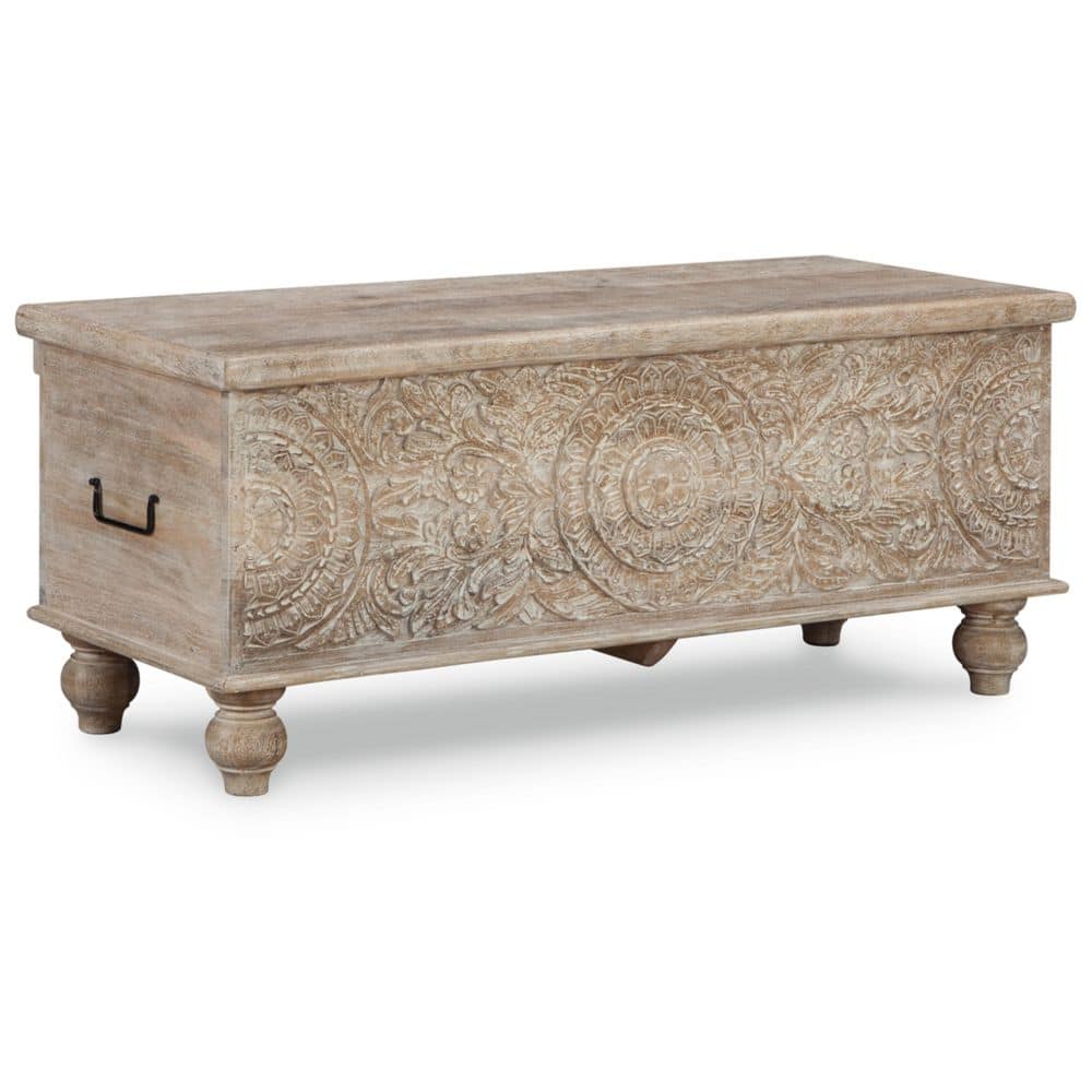 Fossil Ridge Beige Solid Wood Storage Bench with Hand Carved Medallion