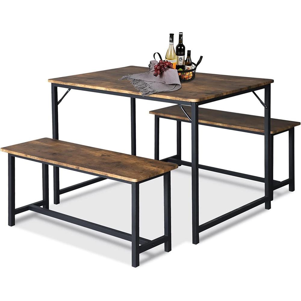 3-Piece Metal Outdoor Dining Set with 2 Benches, Wood Grain Table Set for 4