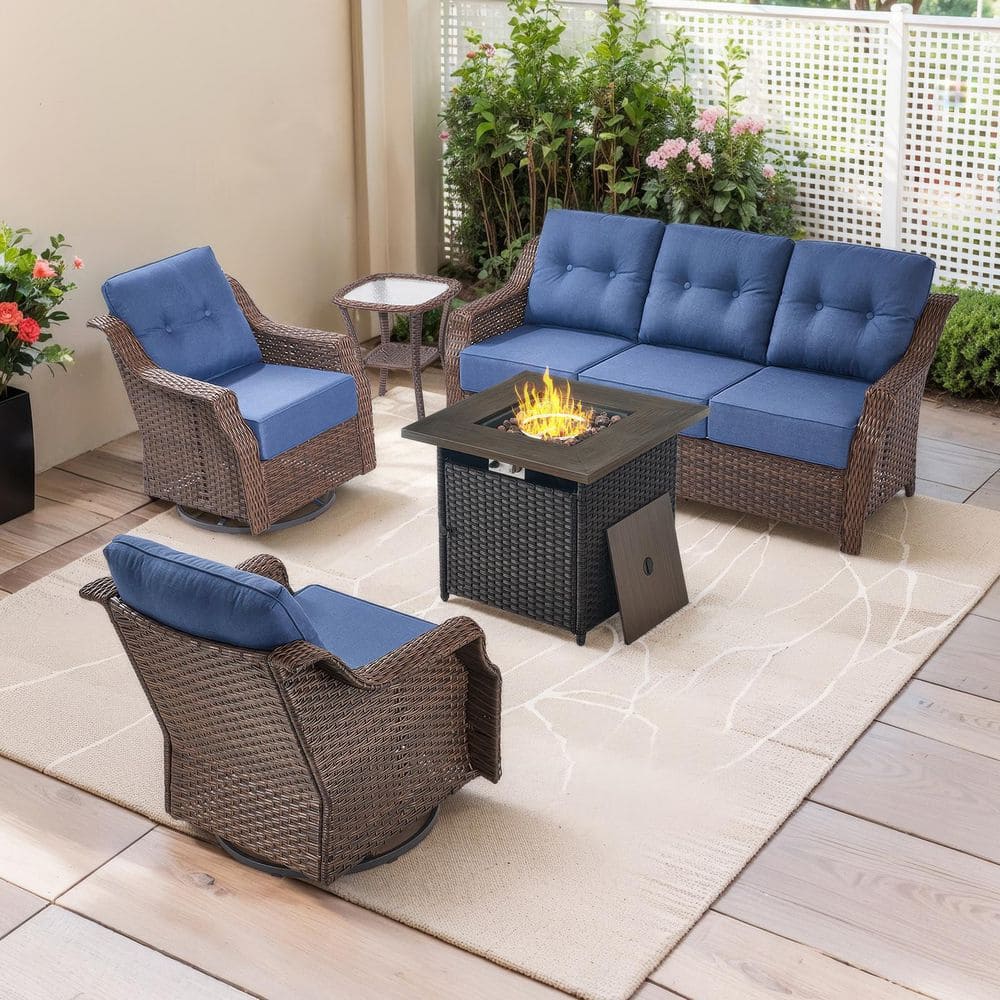 Arcus 5-Piece Brown Wicker Patio Conversation Sofa Set Outdoor Propane Fire Pit Table with Blue Cushions, Swivel Chairs price history on PriceWatchPro