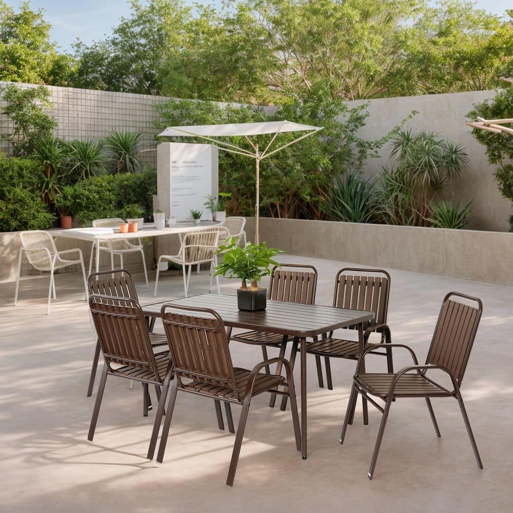 7 Pieces Patio Dining Set, Plastic Outdoor Dining Chair and Steel Table Out