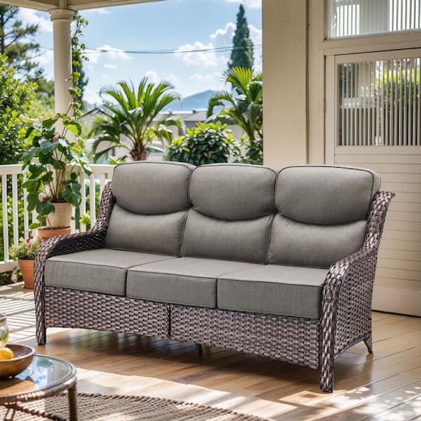 Arcadia Brown Wicker Outdoor 3-Seat Couch with High Curved Back and 6 in. Thick Gray Box-Edge Cushions