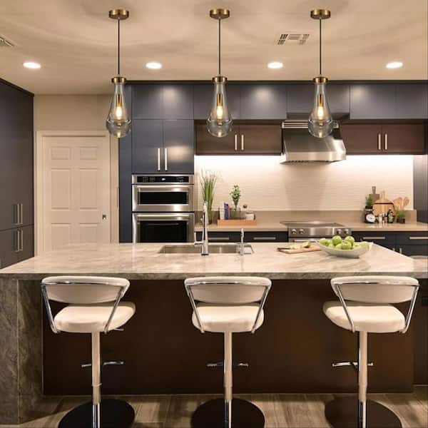 1 Light Gold Pendant Light with Handblown Glass Shade and Rod, Brushed Brass Finish Hanging Light Fixture
