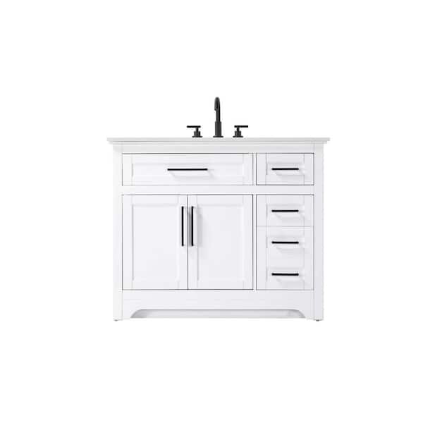 42 in. Single Sink Freestanding White Bath Vanity with Marble White Engineered Marble Top
