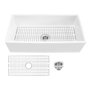 36 in. x 18 in. White Fireclay Single Bowl Apron Front Kitchen Sink with Drain Assembly