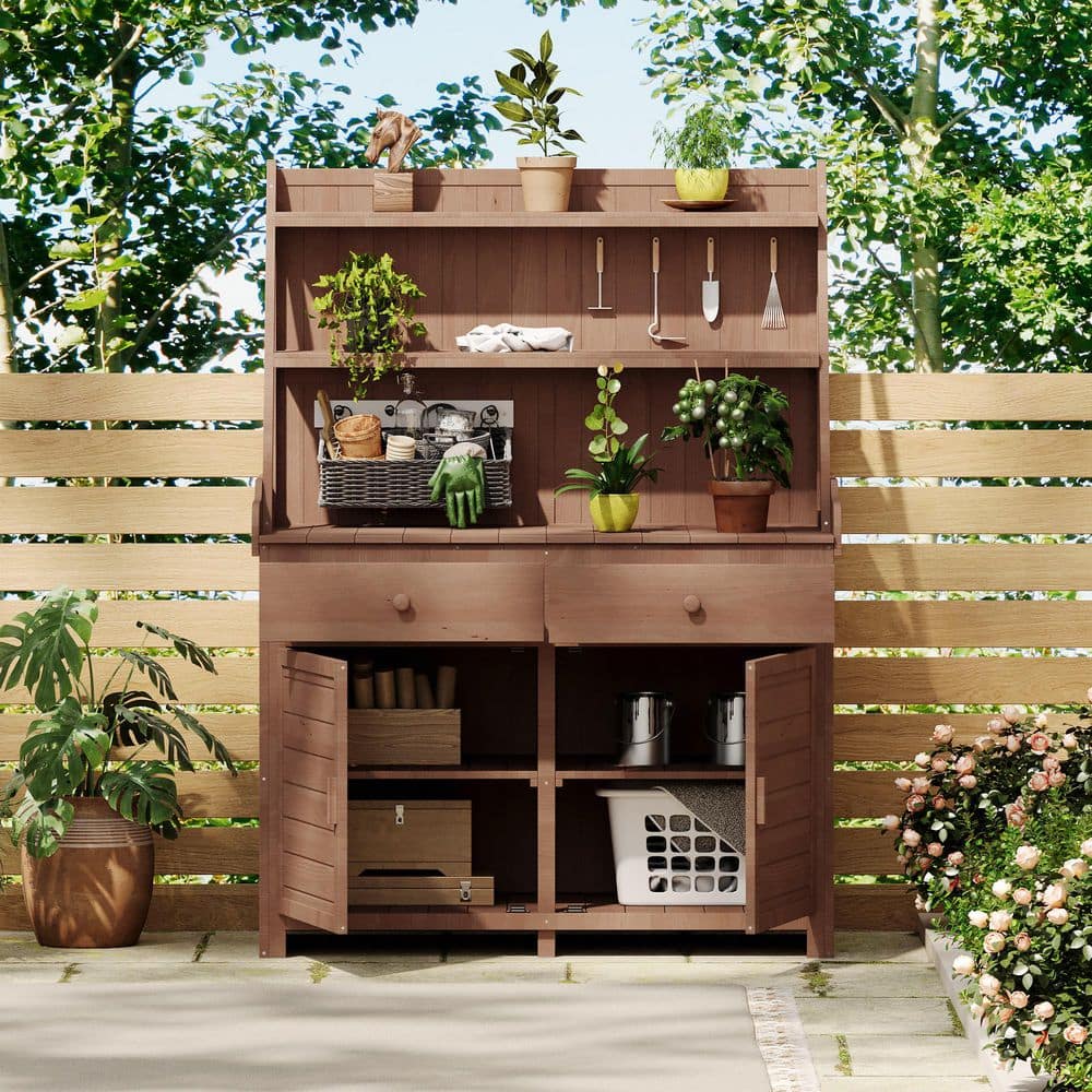 Fir Wood Series 47.2 in. W x 65 in. H Brown Potting Bench Workstation with Storage Shelves, Drawer and Cabinet (1 Pack) price history on PriceWatchPro