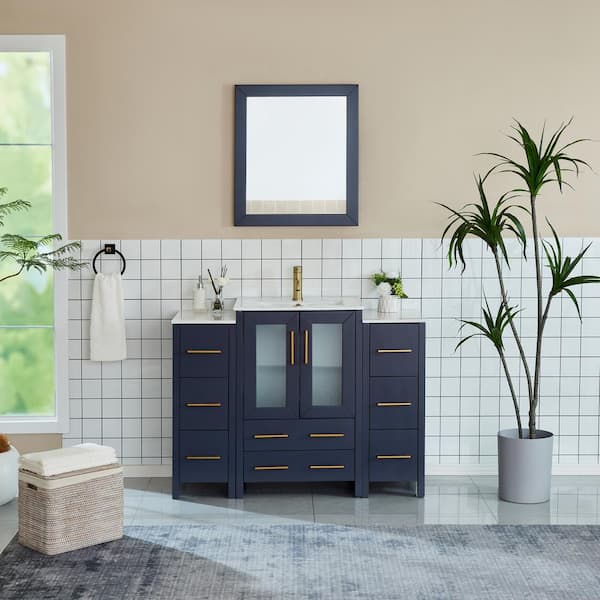 Vanity Art Brescia 48 in. W x 18.1 in. D x 35.8 in. H Single Basin Bathroom Vanity in Blue with Top in White Ceramic and Mirror