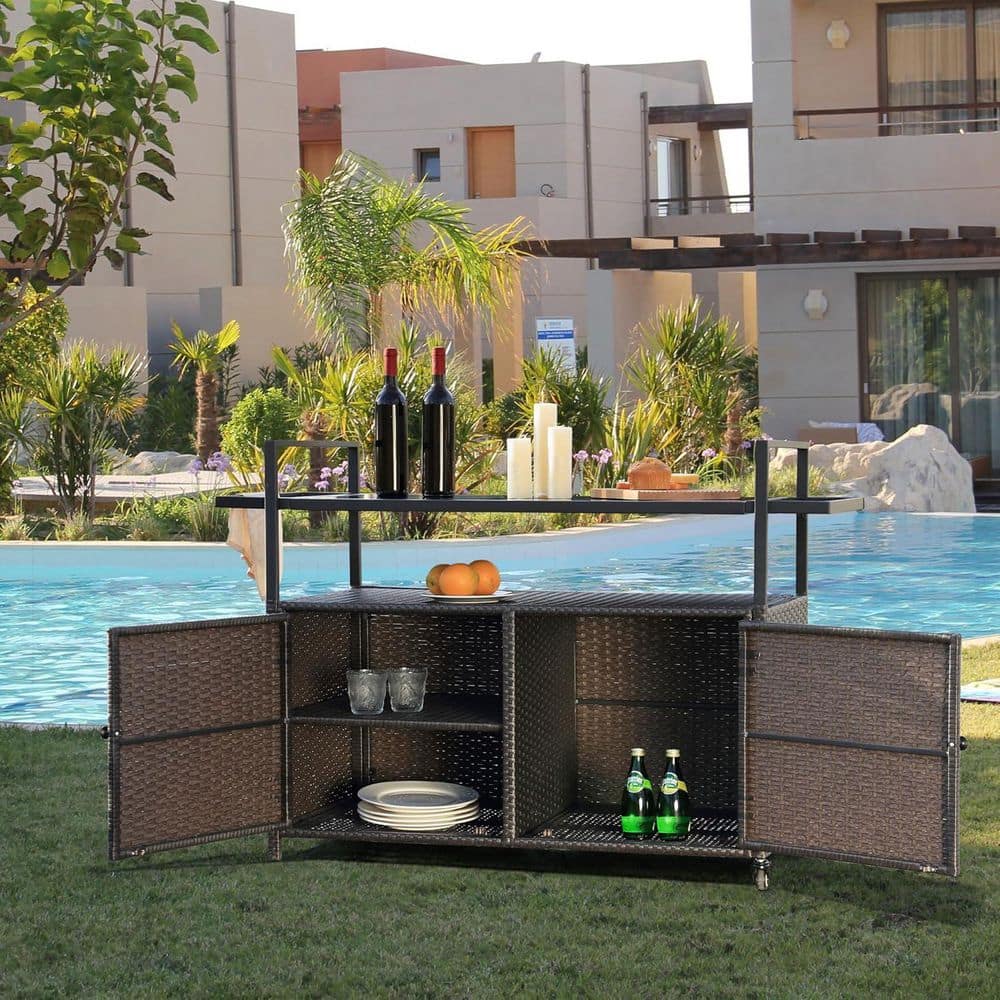 Brown Wicker Outdoor Bar Cart with Lockable Wheels, Rolling Rattan Serving Cart with Tempered Glass and Storage Cabinet price history on PriceWatchPro