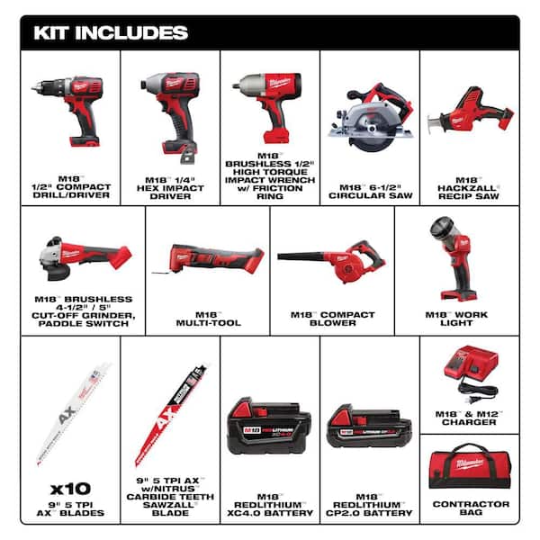 M18 18-Volt Lithium-Ion Cordless Combo Kit 9-Tool with 2-Batteries, Charger and Tool Bag w/ Wrecker SAWZALL Blades