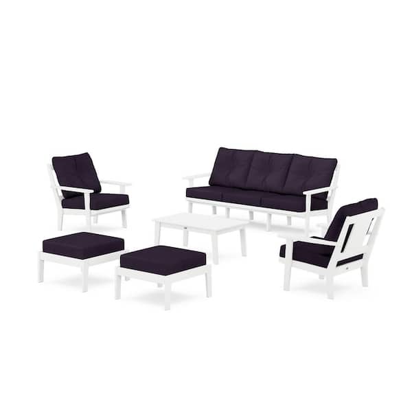 POLYWOOD Prairie 6-Piece Plastic Lounge Sofa Set in White/Navy Linen Cushions