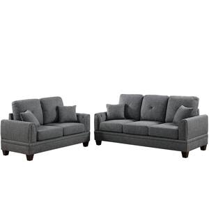 Miami Vice 79 in. Curved Arm Linen Modern Rectangle Sofa Set in Ash Black