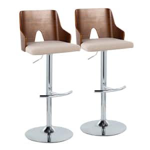 Ariana 34 in. Beige Fabric, Walnut Wood and Chrome Metal Adjustable Bar Stool with Rounded T Footrest (Set of 2)