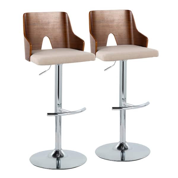 Lumisource Ariana 34 in. Beige Fabric, Walnut Wood and Chrome Metal Adjustable Bar Stool with Rounded T Footrest (Set of 2)