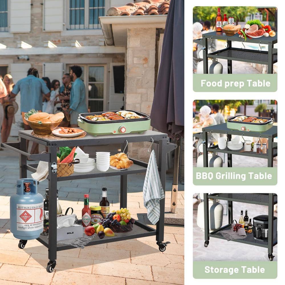 Gray Stainless Steel 3-Shelf Outdoor Grill Cart with Wheels